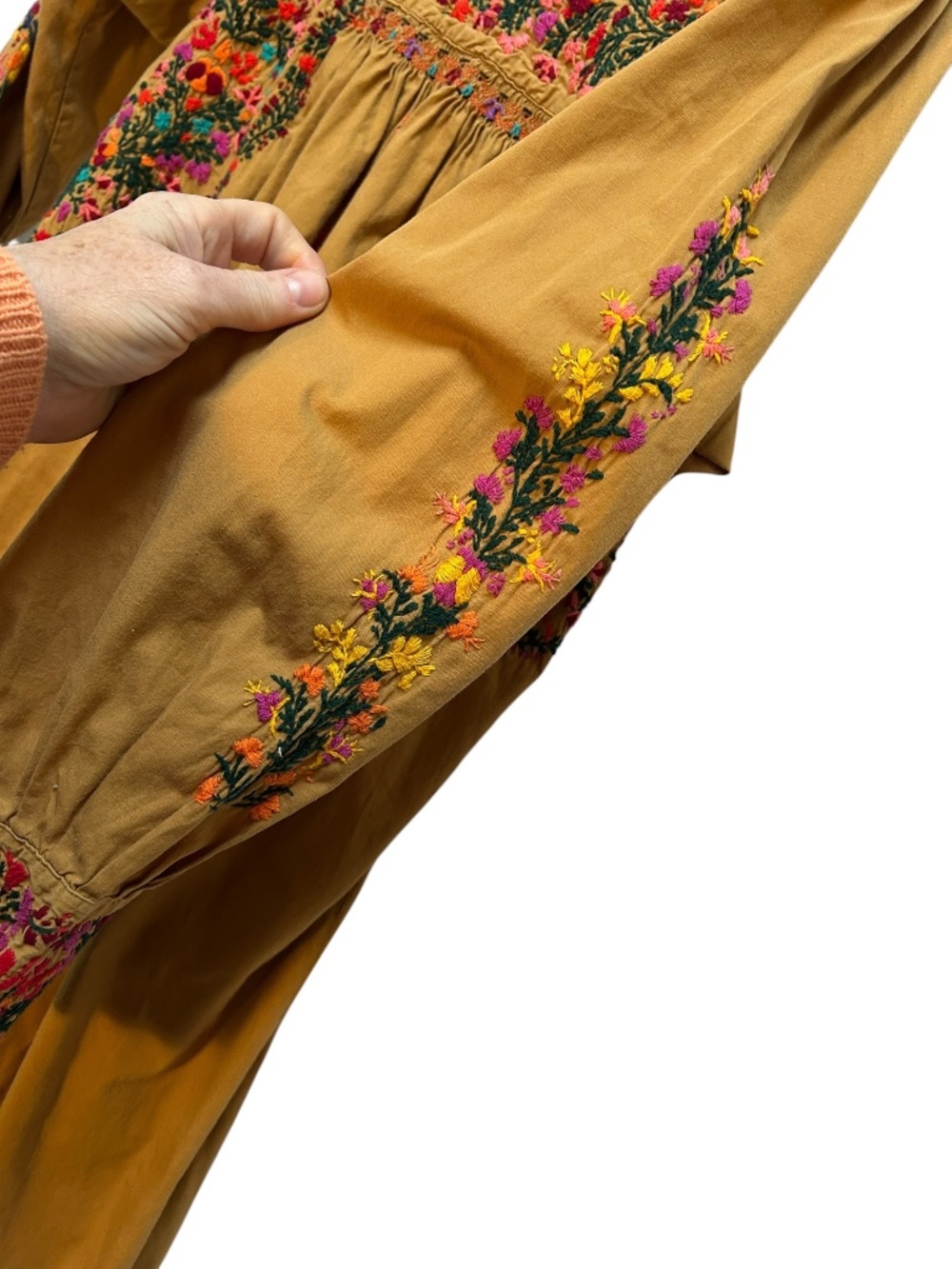 Mexican Oaxaca Vintage mustard heavily embroidered florals tunic maxi dress L - Picture 3 of 6